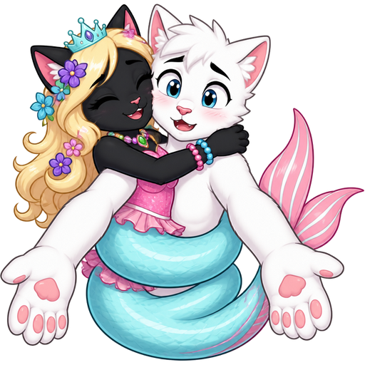 point of view white boy cat furry is getting hugged by black cat with light yellow hair purple and blue flowers light cyan crown purple and green necklace pink and blue bracelets pink dress attached to long light cyan mermaid tail with pink tail fins with white highlights by wrapping around hips with it's long light cyan mermaid tail with pink tail fins with white highlights like a snake clipart cartoon