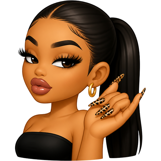 Girl with a slick back hair ponytail with baddie chettah nails and long lashes with big lips and she is a baddie
