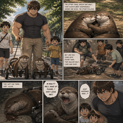 A DETAILED AND LIFELIKE ANIME Comic Book story view of a Bulky but Muscular ANIME Cute Bara Man With Peach toned skin Who looks Normal aind round facial Structure and Basic facial structure With Puffy and Big Pecs that are visible through the shirt and Biceps and Bandaid on his nose and Brown Fluffy and Strait hair. Wearing normal With his pet Grown and long and HEALTHY, CUTE AND REALISTIC OTTERS in Dog Wheel Chairs and 2 little brothers that are in different ages but young. And they See twin ottercuddle with them. One of the Brother’s otter got excessively bullied. And Lays there after bullied by the human Brother’s. And his twin cried open