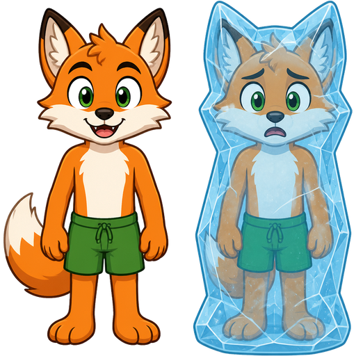 orange anthro fox with green eyes green shorts front view next to orange anthro fox with green eyes green shorts frozen in ice cocoon shaped like a anthro fox front view
