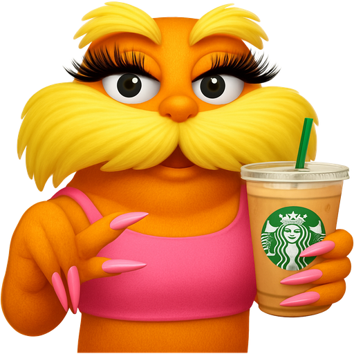 The Lorax detailed with a pink crop top, excessive fake lashes, super excessive long fake nails and Starbucks drink
