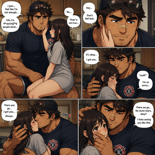 A REALISTIC AND LIFELIKE Comic Book long Story of a Bulky but Muscular ANIME Cute Bara Man With Peach toned skin Who looks Normal and a huge and Masculine round facial Structure and Basic facial structure With Puffy and Big Pecs that are visible through the shirt and Biceps and Bandaid on his nose and Brown Spiky hair and His Hair Curls At the tip of strands. Wearing a Fireman athletic shirt but no gear and short shorts with A Hat with glasses and has a Hairy body and looks very manly like a Dad but isn‘t one. and Attractive and Hot. she sits on his lap and he hugs her and he feels sad and there at the kitchen and he frowns and feeling bad and she touches his manly Face and she cries and he says don’t feel bad. And Hey Hugs Her and says wippes her tears and he kisses her on the cheek to make her feel better