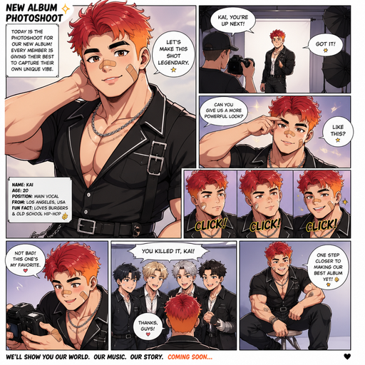 A Full page Anime Comic book story about of a masculine and Bulky ANIME Cute Bara Man American 20 year old with a ROUND and BASIC facial structure and TENAGE BARA CUTE MALE not to detailed With bigger than average Pecs that are visible through the shirt and Biceps and a big Bandaid on his nose and Left Cheek and Right Eye brow. Wearing a no piercings in a K-pop boy and outfit and Red Hair and Bright Orange Hair Tips and Strait is wearing Fluffy short Hair a brown eyes and black eyebrows. Dressed like that look as and at A Photo shoot each member taking a photo for there new album