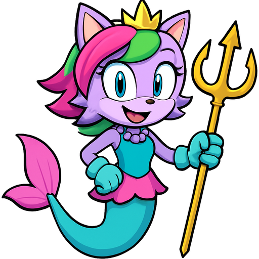 sonic x style version light purple anthro cat smiling with pink and green and yellow hair blue green eyes golden crown with light purple necklace light cyan braclets cyan and blue dress with pink skirt attached to cyan mermaid tail with pink tail fins pink and cyan gloves holding a golden trident sonic x style version