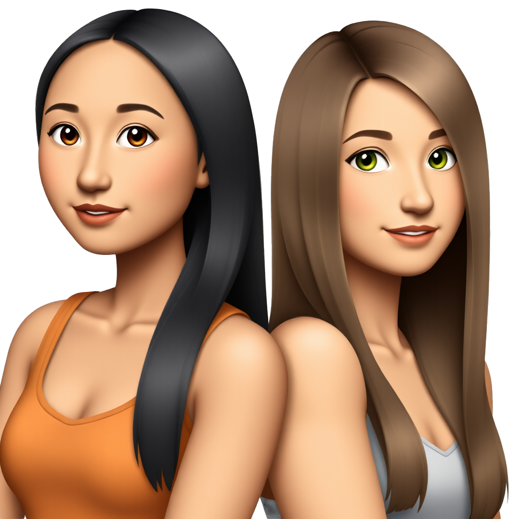 two teenage girl best friends, one asian with a light medium brown skintone and long black straight hair and the other american with a light tan with green eyes and straight brown hair. they are wearing matching tank tops and are both very pretty