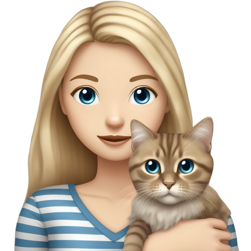 A white girl with blue eyes and light brown hair with blond highlights is holding a British Longhair cat with grey and black striped fur and amber eyes.