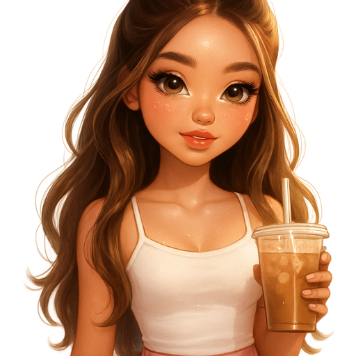 luxury glossy bratz-anime romantic aesthetic, warm cinematic glow, crisp clean detail, glossy glam skin. petite girl, warm soft-autumn tone, fair skin, honey-brown almond eyes, soft freckles, warm toasty glam makeup, glossy nude lips, flutter lashes, sweet Belle-princess vibe, long brunette honey balayage hair with visible light honey blonde highlights, White tank with pink satin joggers, top-knot bun, dewy skin, clear gloss, holding iced drink, pop-princess energy, shimmer highlight, sparkly glow