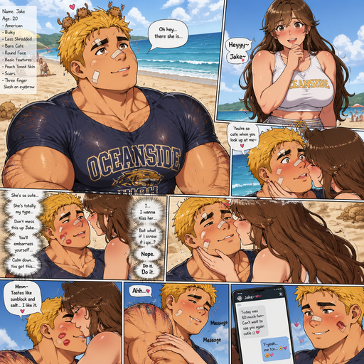 ic book story about of a Bulky and less shredded or muscular ANIME Cute Bara Man American 20 year old with a ROUND and BASIC facial structure and Young Adult BARA CUTE that is Peach Toned skin not anything else MALE not to detailed With bigger than average Pecs that are visible through the shirt and Biceps and a big Bandaid on his nose and Left Cheek and Right Eye brow with Scars all over his Chest and arms. Wearing a no piercings Wearing a baggy school spirit shirt that is tight around the waist and drenched in sweat and Short and yellowish orange Hair and Bright Gold fluffy Hair and Strait with brown eyes and black eyebrows with a Three finger Slash on his Eyebrow. With no Facial Hair. Sitting down at the beach looking up And Balances Baby Crabs on his head and Licking his lips and and makes his crush who is walking over to him blush but she flirts with him and he wants to kiss but can’t cause he will get scared he’ll embarrass himself he calms himself down. Kisses him and He gets kiss marks on his face. She messages his biceps and he drools