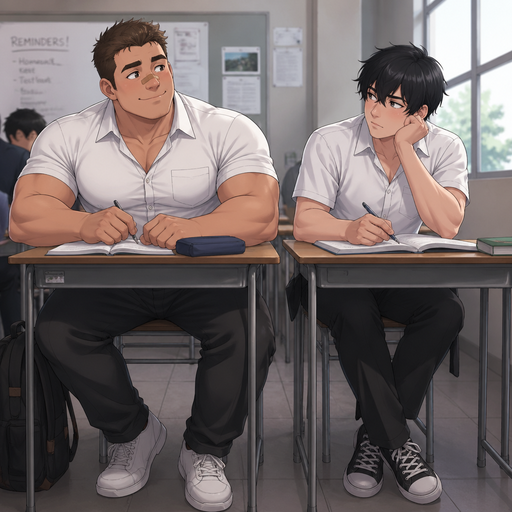 A Real life Full Body view of a Chunky Small but Muscular and more Muscle than Fat ANIME Cute Bara Man Who looks Normal and American with a round facial Structure and Basic facial structure With PUFFY and BIG Pecs that are visible through the shirt and Biceps and Bandaid on his nose. Wearing a Tight Button up White Uniform. With his crush sitting next him in class