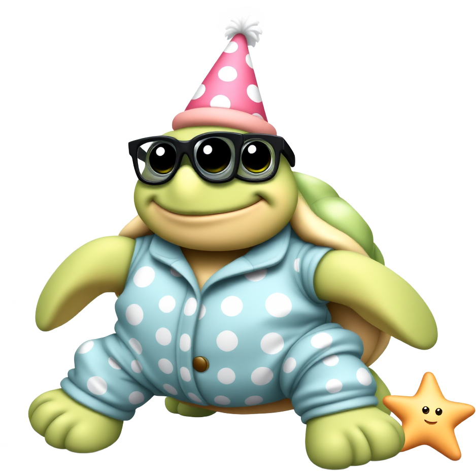 Imagine a turtle in oversized, polka-dotted pajamas that feature silly cartoon fish! It wears a tiny party hat, oversized glasses, and silly slippers shaped like starfish. This quirky turtle does a goofy dance, leaving a trail of confetti while making funny faces, bringing endless giggles to its ocean friends.