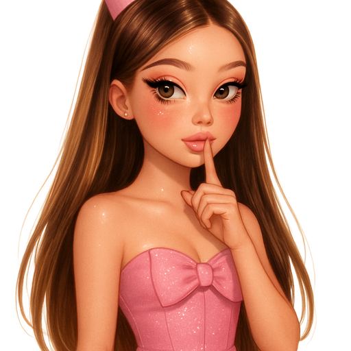 luxury glossy bratz-anime romantic aesthetic, warm cinematic glow, crisp clean detail, glossy glam skin. petite girl, soft-autumn tone, fair skin, honey-brown almond eyes, soft freckles, round moderate bust, sweet Belle-princess vibe, very long brunette honey balayage hair with visible light honey blonde highlights, pink bow bustier + sparkly mini, pretending to be innocent after saying something unhinged, hair: sleek glossy straight, makeup: pink marshmallow shimmer pop, pop-princess energy, shimmer highlight, sparkly glow