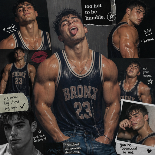 A Gigantically Hunky Guy with Big Arms and Big Chest. Wearing A Tight Basketball Jersey with Jeans and Spiked Hair. Drenched in Water sticking his Tongue out. Knows he’s Hot and acts like it