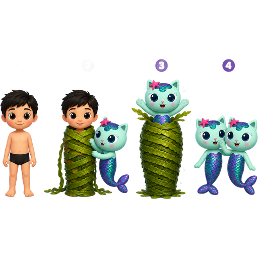 1 boy with black underwear getting wrapped up by mercat gabby dollhouse with seaweed seaweed cocoon shaped like boy 3 mercat gabby dollhouse emerges from its seaweed cocoon shaped like boy 4 mercat gabby dollhouse next to mercat gabby dollhouse