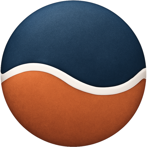 A circle split in two by a wavy white line. The top half is dark blue, the bottom half is terracotta. Represents duality and the coexistence of opposites.