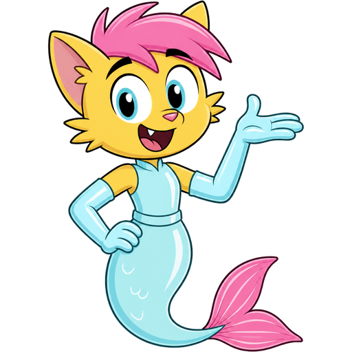 yellow boy cat furry with pink hair and light cyan very long rubber gloves light cyan dress tucked in light cyan mermaid tail with white highlights with pink tail fins (t.u.f.f puppy)