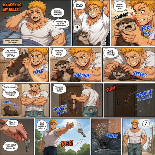 A Full page Anime Comic book story about of a Bulky ANIME Cute Bara Man American 20 year old with a ROUND and BASIC facial structure and Young Adult BARA CUTE that is Peach Toned skin not anything else MALE not to detailed With bigger than average Pecs that are visible through the shirt and Biceps and a big Bandaid on his nose and Left Cheek and Right Eye brow with Scars all over his Chest and arms. Wearing a White baggy shirt and jeans that is tight around the waist and Baggy Camo Cargo pants drenched in sweat and Short and yellowish orange Hair and Bright Gold Fluffy Hair and Strait with brown eyes and black eyebrows with a Three finger Slash on his Eyebrow. With no Facial Hair. Waking up in the morning in pajamas and his pet baby otter and the otter but Excessively bully’s it and the otter cries and He puts him in a Room and Locks the door and throws the key away
