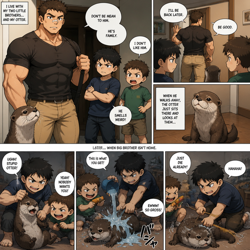 A DETAILED AND LIFELIKE ANIME Comic Book story view of a Bulky but Muscular ANIME Cute Bara Man With Peach toned skin Who looks Normal aind round facial Structure and Basic facial structure With Puffy and Big Pecs that are visible through the shirt and Biceps and Bandaid on his nose and Brown short hair that makes them look tough. Wearing normal With his pet Grown and healthy realistic otter and 2 little brothers that are in different ages but young. And they all don’t like the otter he says don’t be mean to him when he walks away the otter just sits there and looks at them. Later, when the big brother isn’t home, they excessively bully the otter.