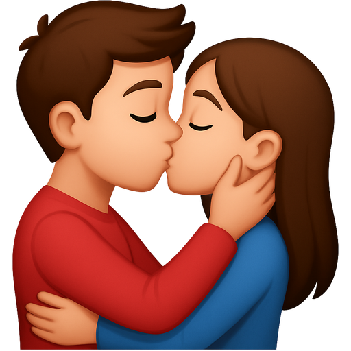 A boy with brown hair and grey green eye color is kissing his girlfriend with brown hair and blue eye color, the boy hugs his girlfriend and her hand is on his cheek, and his hands are on her back, the boy is higher and they have both eyes closed