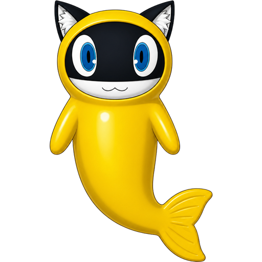 morgana anthropomorphic cat Persona 5 whole head body arms and legs fully covered encased inside a non-transparent rubber pooltoy long yellow mermaid tail