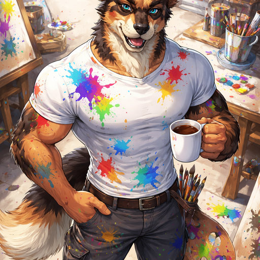 A Full Body and Facial Wallpaper of a Hunky and Chunky a Very Hot and Handsome German Shepard mixed with a Australian Shepard bara furry who is a Artist muscular but not to muscular and Extremely Masculine and Handsome and Ginormous Arms and a Rounded Pecs very Short Strait Hair but tall and a little bit lean. Wearing an All white T-shirt with paint splotch’s everywhere on him. Drinking coffee.