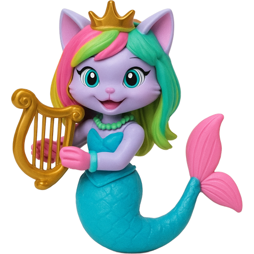 action figure version light purple anthro cat smiling with pink and green and yellow hair blue green eyes golden crown with light green necklace light cyan braclets cyan and blue dress with pink skirt attached to long cyan mermaid tail with pink tail fins pink and cyan gloves holding a golden harp action figure version