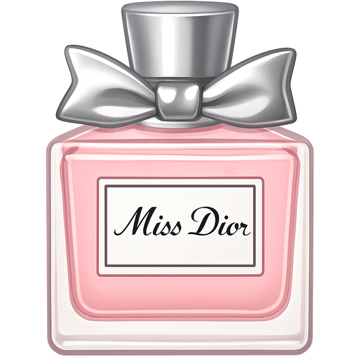 A low and square perfume with the pink liquid inside the container and a small rectangular white label with the words Miss Dior and finally with a silver cap with a shiny silver bow
