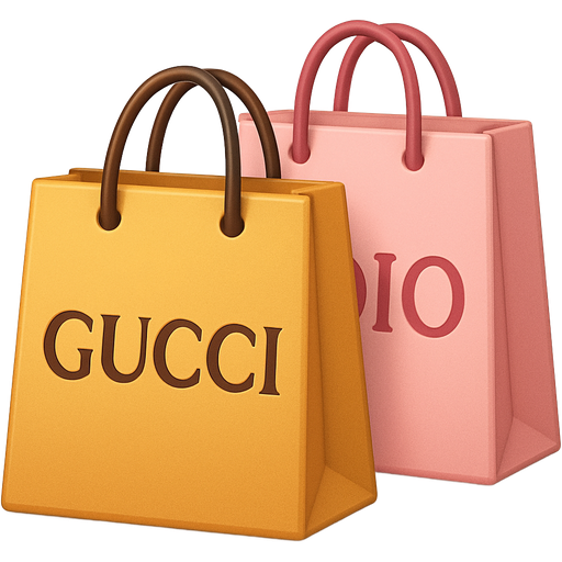 Two big bags one is standing in front of the other. The one that’s in front has Gucci written on it and is golden coloured and the other is Dio and is light pinkr.