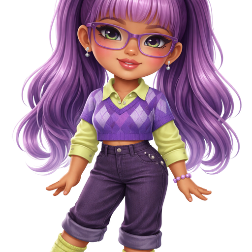 Plum Pudding With a Medium-Tan Cool Almond Skin Tone With a Uni-Lip Shape With a Moonstone Eyelash Setup Completing the Look With a Guest List Lipstick Finish With a Neutral Pastel Blue Eyeshadow With a Small Eye Shape and a Base-Down Triangle Face Shape With Purple Hair and the Bangs Having Light Purple Highlights with a Half-Up-Half-Down Hairstyle in Two Ponytails With Blue Elastic Bubble Hair Ties Wearing Purple Rectangle Metal Glasses With Rosy Red Cheeks Also Wearing a Lime Green Button-Up Long Sleeve Shirt with the Bottom of the Sleeves Rolled up With a Short Purple Sweater and A Dark Purple Diamond Checkerboard Pattern Wearing Dark Purple Pants With a Silver Button on The Side and The Bottom of It Rolled up With Long Lime Green Socks and Dark Purple Flats With a Mature Adult Toned Build Wearing a Purple Beaded Bracelet And Luxury Glossy