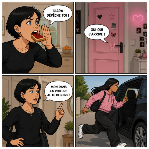 C’est une BD dans cette BD il y’a 4 cases dans la première la mère a une tartine dans la bouche et crie Clara dépêche toi la mère a les cheveux courts et noir et les yeux bleus dans la deuxième on voit une porte d’ado rose et il y’a une bulle qui dit oui oui j’arrive. Dans la troisième on voit la mère dire mon dans la voiture je te rejoins et dans la dernière on voit une fille métis qui a les cheveux noirs et lisse qui court dans la voiture e elle est habillé avec un swit rose et un jean noir baggy