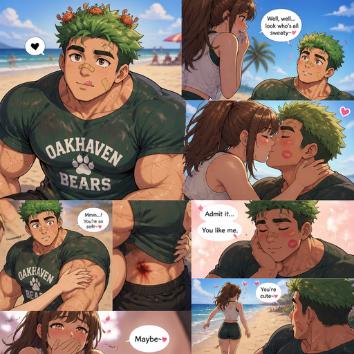 less shredded or muscular and Bulky with huge arms and Pecs and a perfect physique ANIME Cute Bara Man American 20 year old with a ROUND and BASIC facial structure and Young Adult BARA CUTE that is Peach Toned skin not anything else MALE not to detailed With bigger than average Pecs that are visible through the shirt and Biceps and a big Bandaid on his nose and Left Cheek and Right Eye brow with Scars all over his Chest and arms. Wearing a no piercings Wearing a baggy school spirit shirt that is tight around the waist and drenched in sweat and Short and Green Hair and Bright green fluffy Hair and Strait with brown eyes and black eyebrows with a Three finger Slash on his Eyebrow. With no Facial Hair. Sitting down at the beach looking up And Balances Baby Crabs on his head and Licking his lips and and makes his crush who is walking over to him blush but she flirts with him and he wants to kiss but can’t cause he will get scared he’ll embarrass himself he calms himself down. Kisses him and He gets kiss marks on his face. She messages his biceps and he has a bloody bruise on the side of his month. And she says he’s cute. And he makes a dreamy cute and hot Face and attractive and says admit it you like me And He gets cuteness aggression and she likes it. And she put her hand on her lip and says maybe and giggles and walks away