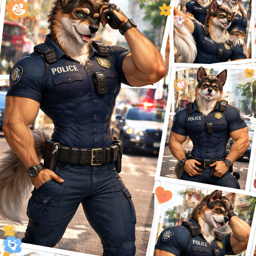 A Full Body and Facial Image of a Hunky and Chunky a Very Hot and Handsome German Shepard mixed with a Australian Shepard bara furry who is a police officer and Extremely muscular but not to muscular and Extremely Masculine and Handsome and Ginormous Arms and a Rounded Pecs very Short Strait Hair but tall and a little bit lean. Wearing a Police uniform, tussling his hair on the street
