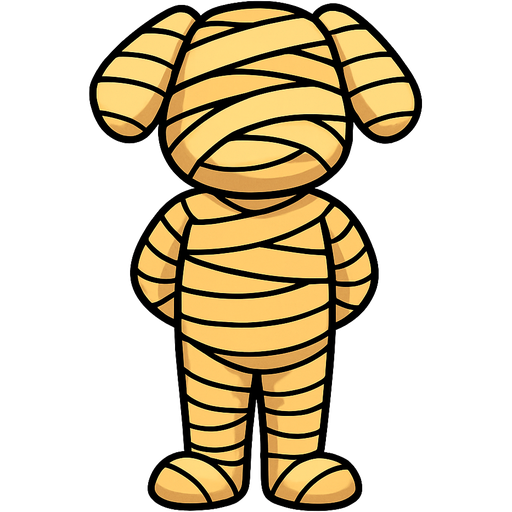 mummified anthro dog with no face arms behind back standing up legs together completely covered with layer of #F6E0A4 #FFEE99 #F1CF73 bandages completely covered with layer of #F6E0A4 #FFEE99 #F1CF73 bandages