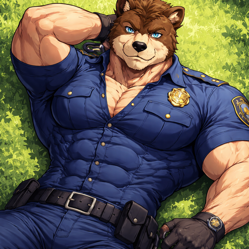 A Anime Full Body and Face of a Muscular and Buff with Gigantic Pecs AND biceps. VERY Masculine and handsome Bara Furry Bear with a Very Good-looking Face and Blue eyes with a wrestler type body. Buttoned up in a Police Uniform. Laying down on a grass looking up