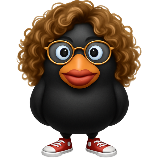 Cuervo mujer gorda, en la punta del pico pintado de rojo haciendo unos labios de persona humana y la otra parte de naranja, con pelo rizado bastante voluminoso de color Castaño claro y muchos reflejos rubios, gafas con el borde dorado en los ojos, los ojos azules, en los pies unos allstar rojos y la punta del pico de color rojo y los labios en forma de persona humana
