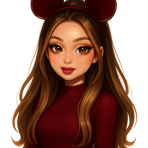 luxury glossy bratz-anime romantic aesthetic, warm cinematic glow, crisp clean detail, glossy glam skin. petite girl, warm soft-autumn tone, fair skin, honey-brown almond eyes, soft freckles, warm toasty glam makeup, glossy nude lips, flutter lashes, sweet Belle-princess vibe, very long brunette honey balayage hair with visible light honey blonde highlights, face-framing layers, straight with curved ends high shine, half up half down, burgundy knit dress, sheer black tights, burgundy velvet Mickey ears with gold trim, berry lips, pop-princess energy, shimmer highlight, sparkly glow