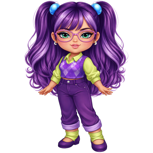 Plum Pudding From Strawberry Shortcake with a Medium-Tan Cool Medium Beige Skin Tone with a Uni-Lip Shape with a Moonstone Eyelash Setup Completing the Look with a Guest List Lipstick Finish with a Neutral Pastel Blue Eyeshadow with a Small Eye Shape and a Base-Down Triangle Face Shape with Purple Hair and the Bangs having Light Purple Highlights with a Half up Half down Hairstyle in Two Ponytails with Blue Elastic Bubble Hair Ties Wearing Purple Rectangle Metal Glasses With Rosy Red Cheeks also Wearing a Lime Green Button-Up Long Sleeve Shirt with the Bottom of the Sleeves Rolled up With a Short Purple Sweater and A Dark Purple Diamond Checkerboard Pattern Wearing Dark Purple Pants with a Silver Button on the Side and the Bottom of it Rolled up with Long Lime Green Rolled Up Socks and Dark Purple Flats with a Adult Toned Build with Vivid and Distinct Features and Visual Features in a Soft HD Intense Polished Shine
