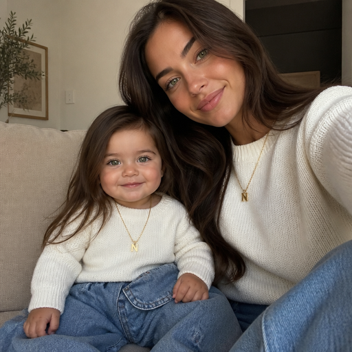 Un bébé fille qui a les cheveux longs bruns et les yeux verts . Elle porte un pull blanc et un jean baggy elle a un collier doré avec la lettre N . Elle est assise à côté de sa mère qui lui ressemble