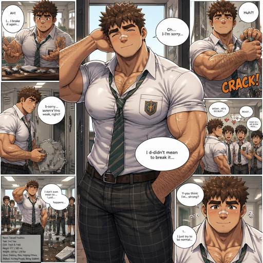 A REALISTIC AND comic book of a Bulky but Muscular ANIME Cute Bara Man With Peach toned skin Who looks Normal and a huge and Masculine round facial Structure and Basic facial structure With Puffy and Big Pecs that are visible through the shirt and Biceps and Bandaid on his nose and Brown Spiky hair. Wearing a school Uniform and has a HAIRY MANLY v shaped body and a Snatchable waist and big and bulky body. he looks gorgeous with an Innocent shy and Cute personality but doesn’t know how manly he is and he Breaks everything cause he‘s to strong
