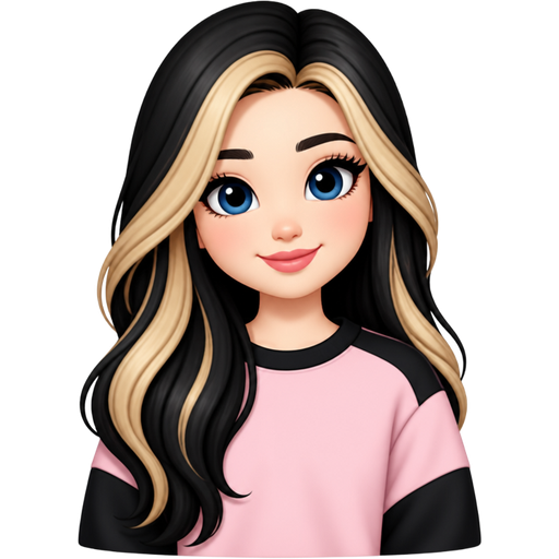 Pretty girl with pale skin, black and blonde long hair, blue eyes wearing light pink and black sweatshirt