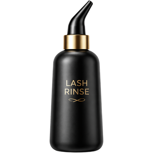 A high-quality, ultra-realistic image of a professional lash rinse bottle in sleek matte black with a slightly glossy finish. The bottle features an angled nozzle for precise application, designed for easy use in a lash technician workspace. Soft gold accents are added to the nozzle base or subtle detailing on the bottle for a luxurious touch. The bottle is shown upright, with clean, smooth surfaces and realistic proportions. Soft studio lighting creates gentle highlights on the black surface and gold accents, enhancing depth and a 3D effect. The overall aesthetic is minimal, professional, and premium, with a polished beauty brand feel. Ultra-detailed, sharp focus, high resolution,