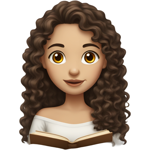 Create one white European Girl with Brown Eyes with long dark brown curly hair. She holds an open book in her hands. She wears a cozy white off shoulder sweater.