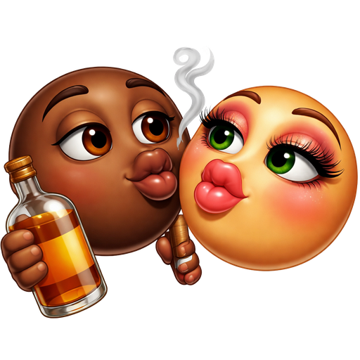 Two emoji kiss time one holding big glass bottle other holding lit cigar with smoke one darker brown, this emoji dark brown, brown eyes has no make up turning with puckered lips to kiss other emoji's big puckered plump juicy lips with pink glossy lips this emoji color tan is slightly turned towards first emoji green eyes add fake longer eye lashes, add light pink blush puckered lips alot of makeup on this emoji