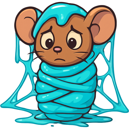 cyan slikworm cocooned pod brown mouse confused sad eyes covered with cyan huge coating of cyan slik and cyan slik wrappings and cyan webbing