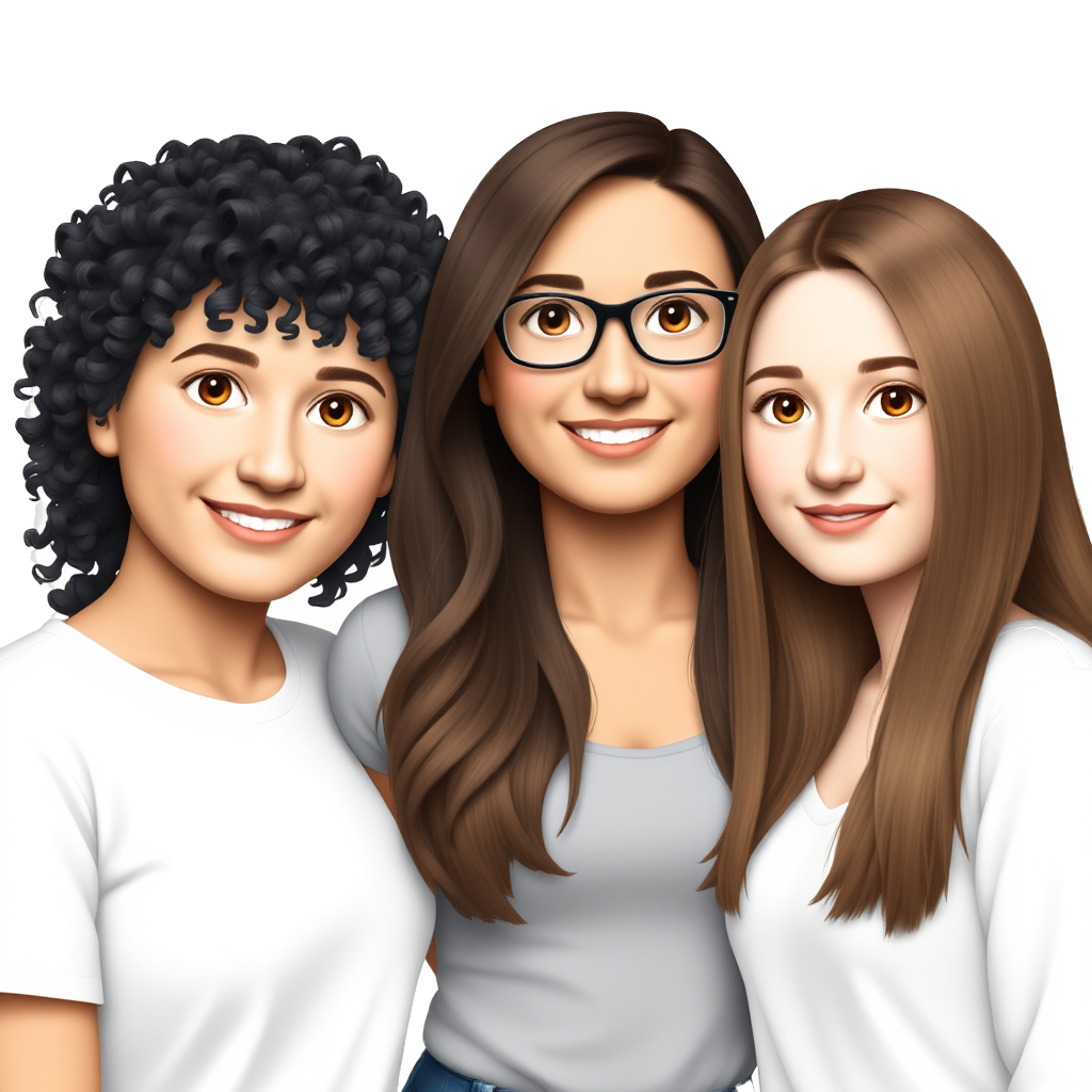 I make three beautiful friends, one of whom is white and has long black Curly hair, the second is brunette and wears glasses and has medium length brown hair, the third is white and has long brown hair