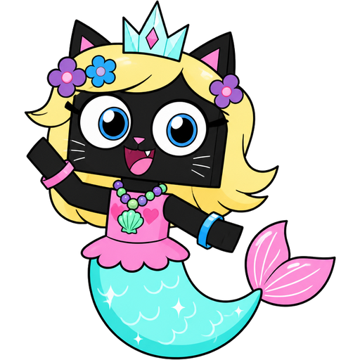 black cat with light yellow hair purple and blue flowers light cyan crown purple and green necklace pink and blue bracelets pink dress attached to long light cyan mermaid tail with white highlights with pink tail fins with white highlights (cartoon network unikitty!)
