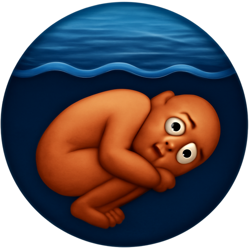 A perfectly smooth water surface (dark blue), but underneath, a person in the fetal position (terracotta) with eyes wide open in horror.