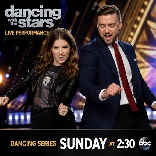 Anna Kendrick black leather jacket and t-shirt And Justin Timberlake navy blue blazer white shirt and red tie dancing with stars live performance dancing series Sunday at 2:30 on abc