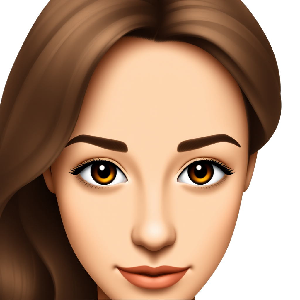 a Woman with medium brown hair with wavy highlights, light brown skin, brown eyes with voluminous eyelashes, small nose, pink mouth, medium and dark eyebrows