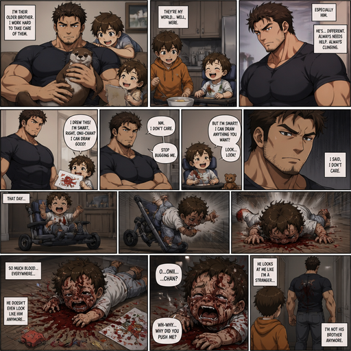 A DETAILED AND LIFELIKE LONG Anime Comic Book story view of a Bulky but Muscular ANIME Cute Bara Man With Peach toned skin Who looks Normal aind round facial Structure and Basic facial structure With Puffy and Big Pecs that are visible through the shirt and Biceps and Bandaid on his nose and Brown short hair that makes them look tough and A Bear on his Chin and Jaw. Wearing normal With his pet Grown and healthy realistic otter and 2 little brothers that are in different ages but young. and the baby‘s Hadicaped and he(the guy) did not like the baby and the baby tries to reason with him by saying he‘s smart and can draw but still on the toddler level and one day the baby flew out of his chair And A lot red comes from his nose and stains his shirt and is all on the ground and it cried and the baby does know know who he is anymore he’s changed and he doesn‘t care and the baby is now facialy deformed