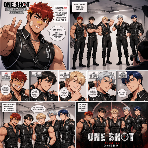 A Full page Anime Comic book story about of a masculine and Bulky ANIME Cute Bara Man American 20 year old with a ROUND and BASIC facial structure and TENAGE BARA CUTE MALE not to detailed With bigger than average Pecs that are visible through the shirt and Biceps and a big Bandaid on his nose and Left Cheek and Right Eye brow. Wearing a no piercings K-pop Idol Boyband Outfit and Red Hair and Bright Orange Hair Tips and Strait is wearing Fluffy short Hair a brown eyes and black eyebrows. Dressed like a K-pop Boyband called ONE SHOT Member with his Members that look as Buff as him but with different hair and Facial Structure and at A Photo shoot each member taking a photo for there new album